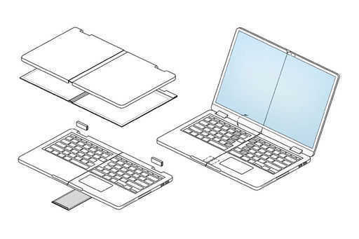 Laptop aberto com tela dobrável removível