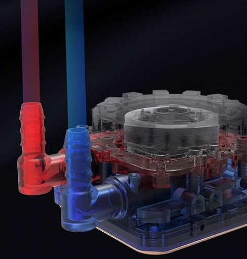يشتمل تصميم التبريد السائل لسلسلة Zalman Alpha على مضخة ثلاثية التدفق