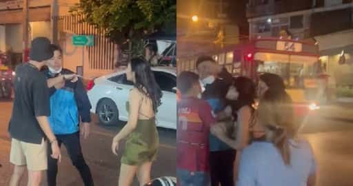 Thaise vrouw achtervolgt en trapt man af die bier op haar dumpte