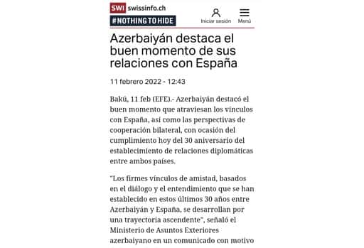 As edições em espanhol publicaram uma declaração do Ministério das Relações Exteriores do Azerbaijão por ocasião do 30º aniversário do estabelecimento de relações diplomáticas com a Espanha