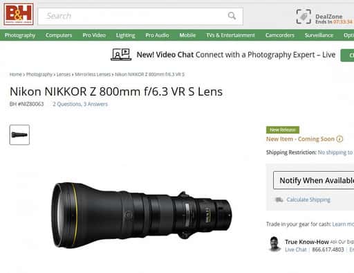 Nikon Nikkor Z 800mm f / 6.3 VR S lens appeared on the B&H website