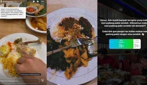 Uživanje Nasi Padanga z žlico v primerjavi z uporabo rok postane razprava na družbenih medijih