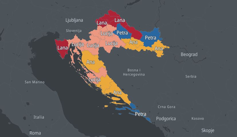 На карте Хорватии показаны самые популярные имена из поколения в поколение