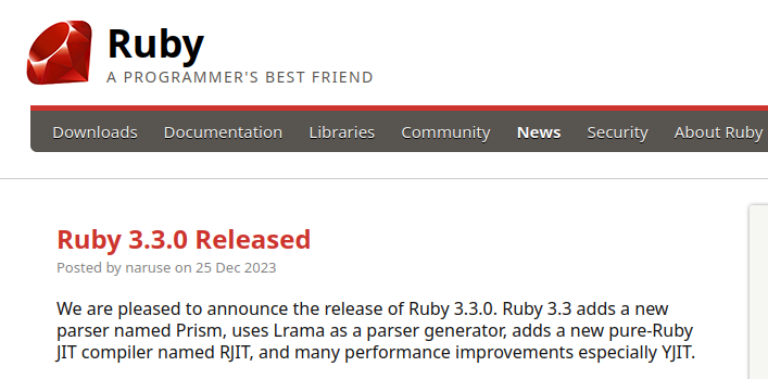 È stato rilasciato Ruby 3.3, che incorpora le migliori funzionalità di Perl, Java, Python, Smalltalk, Eiffel, Ada e Lisp